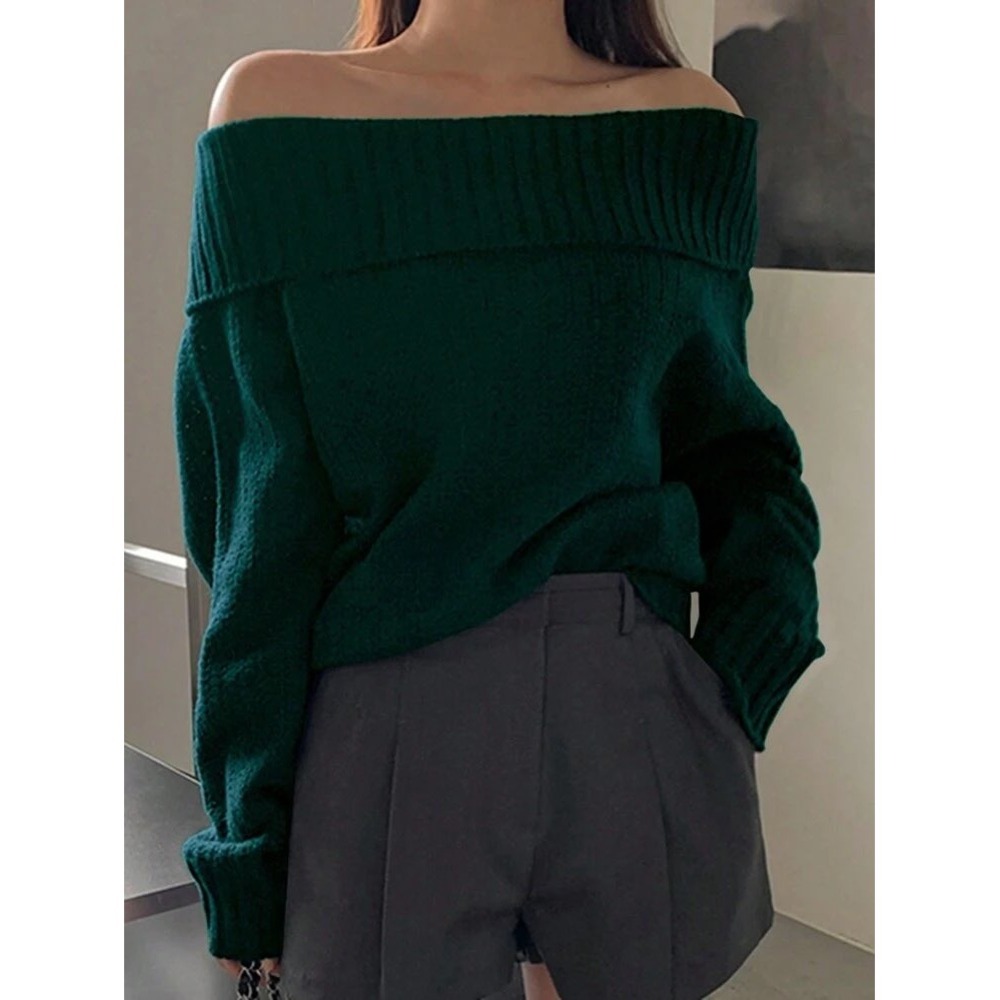 Dazy Women's XL Oversized Off Shoulder Ribbed Knit Sweater Dark Green‎